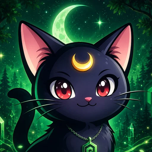 Luna black cat logo in an emerald moonlit forest